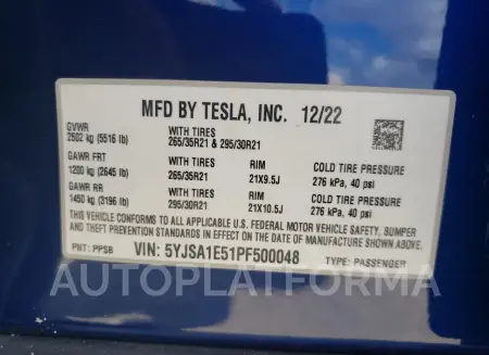 TESLA MODEL S 2023 vin 5YJSA1E51PF500048 from auto auction Copart