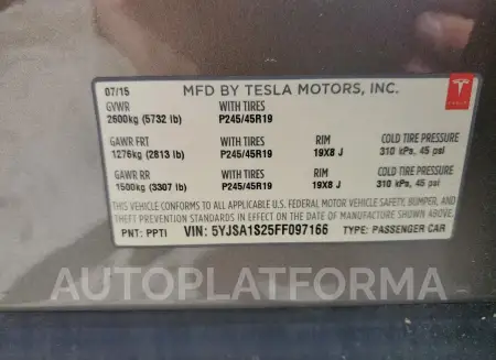 TESLA MODEL S 70 2015 vin 5YJSA1S25FF097166 from auto auction Copart