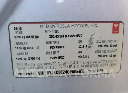 TESLA MODEL X 2016 vin 5YJXCBE24GF005466 from auto auction Copart