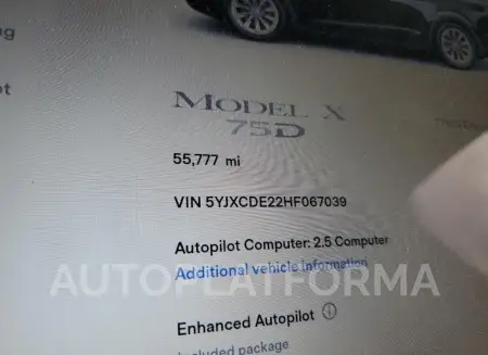 TESLA MODEL X 2017 vin 5YJXCDE22HF067039 from auto auction Copart