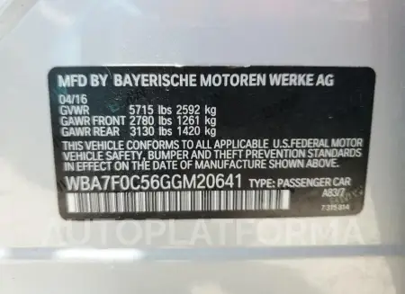 BMW 750 I 2016 vin WBA7F0C56GGM20641 from auto auction Copart