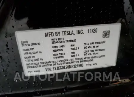 TESLA MODEL X 2021 vin 5YJXCDE28MF321590 from auto auction Copart