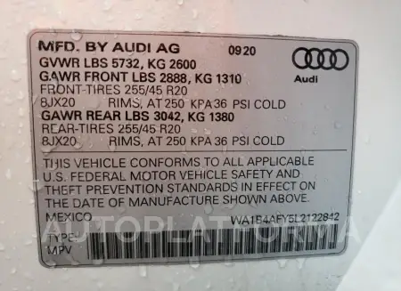 AUDI SQ5 PREMIU 2020 vin WA1B4AFY5L2122842 from auto auction Copart