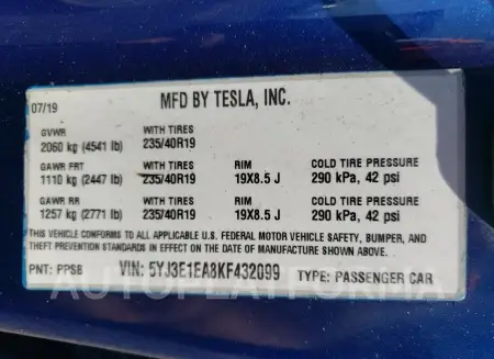 TESLA MODEL 3 2019 vin 5YJ3E1EA8KF432099 from auto auction Copart