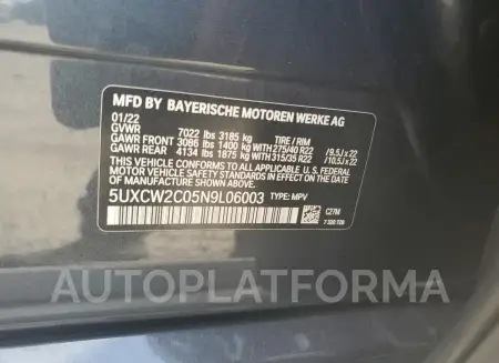 BMW X7 XDRIVE4 2022 vin 5UXCW2C05N9L06003 from auto auction Copart