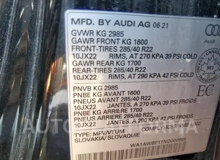 AUDI SQ8 PREMIU 2022 vin WA1AWBF17ND000988 from auto auction Copart