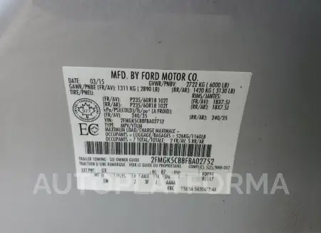 FORD FLEX SEL 2015 vin 2FMGK5C88FBA02752 from auto auction Copart