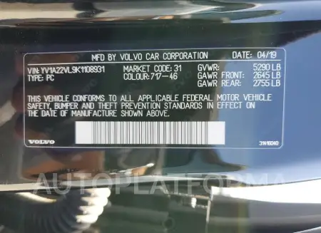 VOLVO V90 T6 INS 2019 vin YV1A22VL9K1108931 from auto auction Copart