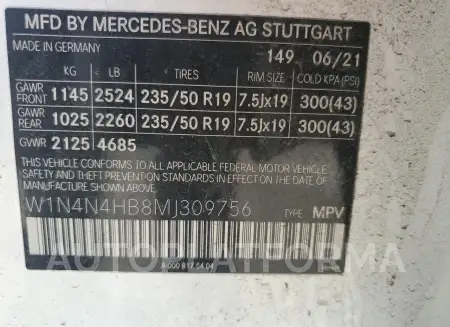 MERCEDES-BENZ GLA 250 4M 2021 vin W1N4N4HB8MJ309756 from auto auction Copart