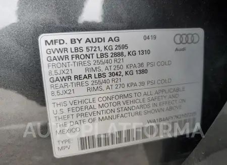 AUDI SQ5 PREMIU 2019 vin WA1B4AFY7K2107225 from auto auction Copart