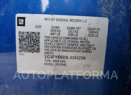 CHEVROLET BOLT EV LT 2020 vin 1G1FY6S03L4143226 from auto auction Copart