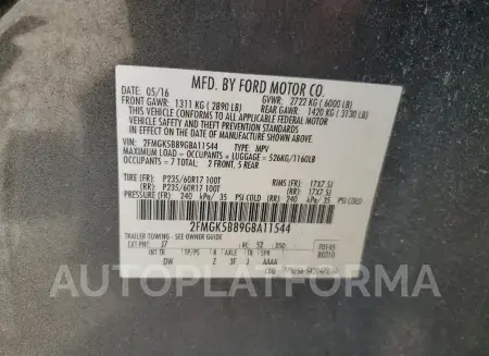 FORD FLEX SE 2016 vin 2FMGK5B89GBA11544 from auto auction Copart