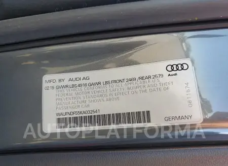 AUDI A5 PRESTIG 2019 vin WAUFNDF55KA032541 from auto auction Copart