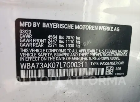 BMW 228XI 2020 vin WBA73AK07L7G00311 from auto auction Copart