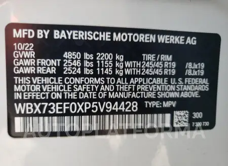 BMW X1 XDRIVE2 2023 vin WBX73EF0XP5V94428 from auto auction Copart