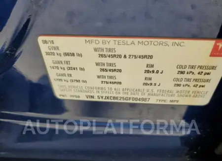 TESLA MODEL X 2016 vin 5YJXCBE25GF004987 from auto auction Copart