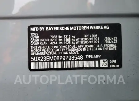 BMW X7 XDRIVE4 2023 vin 5UX23EM08P9P98548 from auto auction Copart