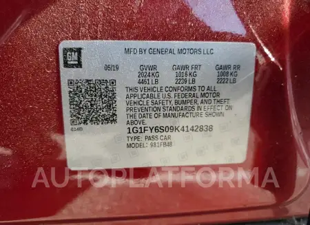 CHEVROLET BOLT EV LT 2019 vin 1G1FY6S09K4142838 from auto auction Copart