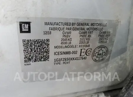 CHEVROLET BOLT EV PR 2019 vin 1G1FZ6S0XK4117640 from auto auction Copart