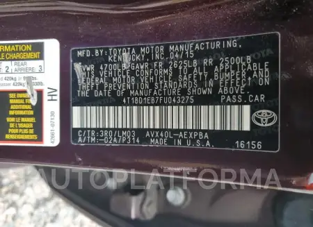 TOYOTA AVALON HYB 2015 vin 4T1BD1EB7FU043275 from auto auction Copart