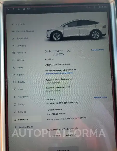 TESLA MODEL X 2017 vin 5YJXCBE22HF050018 from auto auction Copart