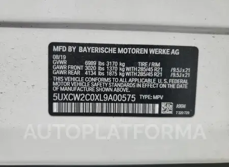 BMW X7 XDRIVE4 2020 vin 5UXCW2C0XL9A00575 from auto auction Copart