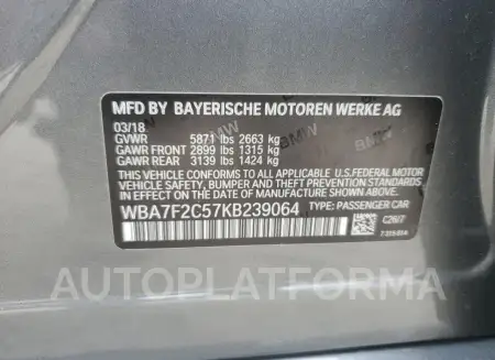 BMW ALPINA B7 2019 vin WBA7F2C57KB239064 from auto auction Copart