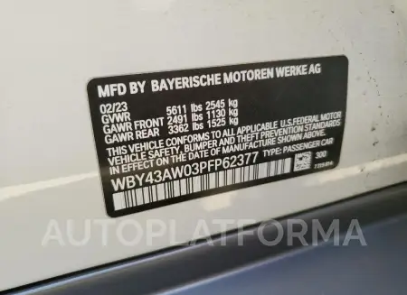 BMW I4 EDRIVE 2023 vin WBY43AW03PFP62377 from auto auction Copart