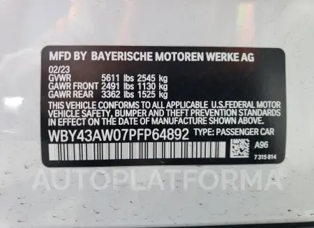 BMW I4 EDRIVE 2023 vin WBY43AW07PFP64892 from auto auction Copart