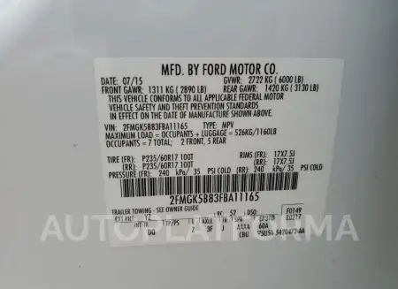 FORD FLEX SE 2015 vin 2FMGK5B83FBA11165 from auto auction Copart