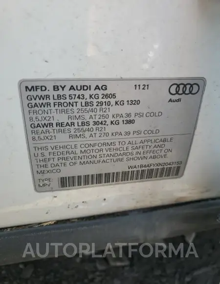 AUDI SQ5 PREMIU 2022 vin WA1B4AFYXN2043153 from auto auction Copart