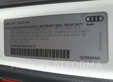 AUDI A6 Quattro 2019 vin WAUK2AF24KN024810 from auto auction Copart