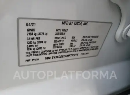 TESLA MODEL Y 2021 vin 5YJYGDED6MF163275 from auto auction Copart