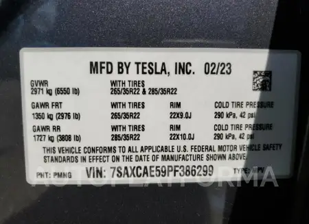 TESLA MODEL X 2023 vin 7SAXCAE59PF386299 from auto auction Copart