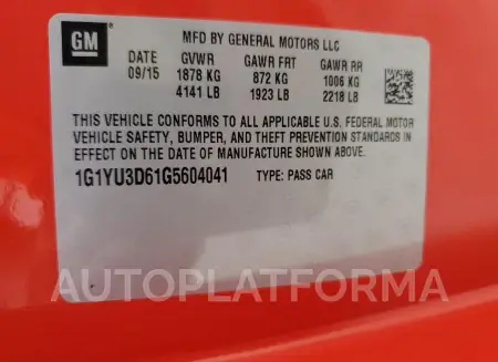 CHEVROLET CORVETTE Z 2016 vin 1G1YU3D61G5604041 from auto auction Copart