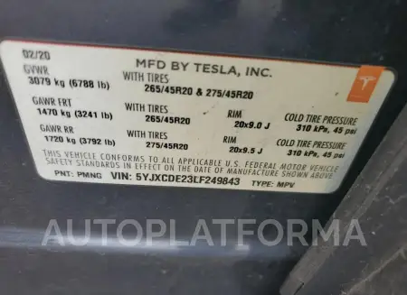 TESLA MODEL X 2020 vin 5YJXCDE23LF249843 from auto auction Copart