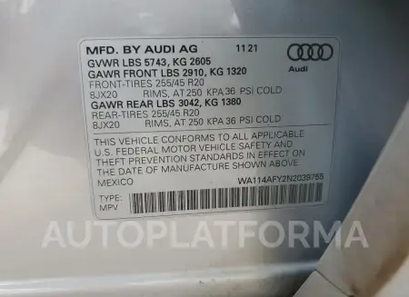 AUDI SQ5 SPORTB 2022 vin WA114AFY2N2039755 from auto auction Copart