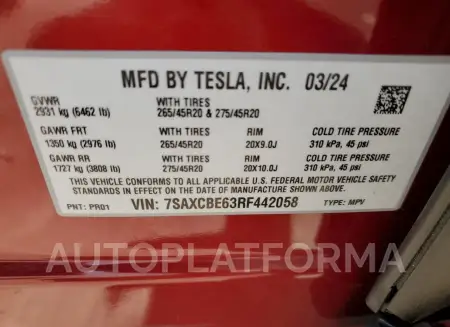 TESLA MODEL X 2024 vin 7SAXCBE63RF442058 from auto auction Copart