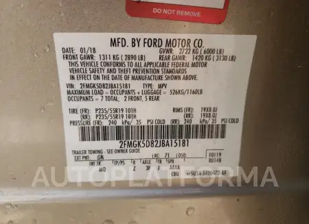 FORD FLEX LIMIT 2018 vin 2FMGK5D82JBA15181 from auto auction Copart