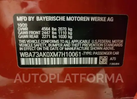 BMW 228XI 2021 vin WBA73AK0XM7H10061 from auto auction Copart