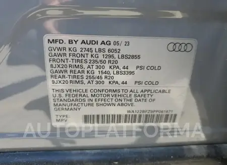 AUDI Q4 E-TRON 2023 vin WA122BFZ9PP061671 from auto auction Copart