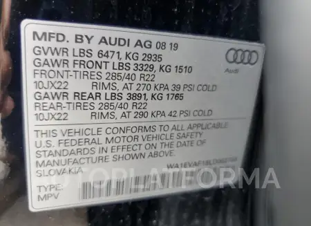 AUDI Q8 PREMIUM 2020 vin WA1EVAF18LD002700 from auto auction Copart