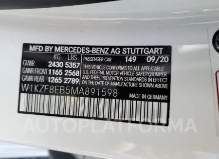 MERCEDES-BENZ E 350 4MAT 2021 vin W1KZF8EB5MA891598 from auto auction Copart