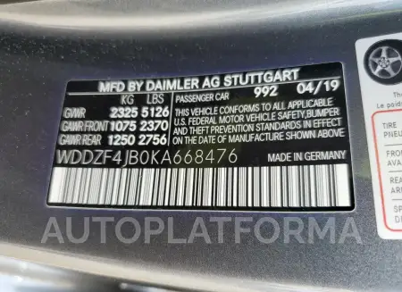 MERCEDES-BENZ E 300 2019 vin WDDZF4JB0KA668476 from auto auction Copart