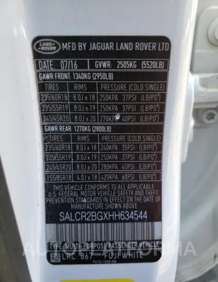 LAND ROVER DISCOVERY 2017 vin SALCR2BGXHH634544 from auto auction Copart