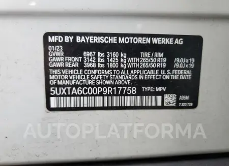 BMW X5 XDRIVE4 2023 vin 5UXTA6C00P9R17758 from auto auction Copart