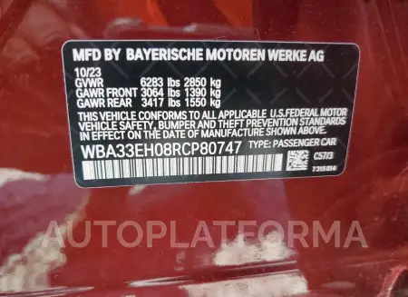 BMW 740 XI 2024 vin WBA33EH08RCP80747 from auto auction Copart