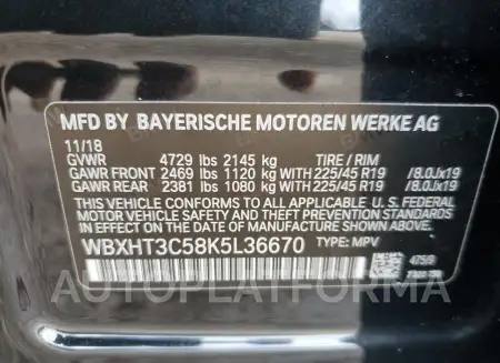 BMW X1 XDRIVE2 2019 vin WBXHT3C58K5L36670 from auto auction Copart