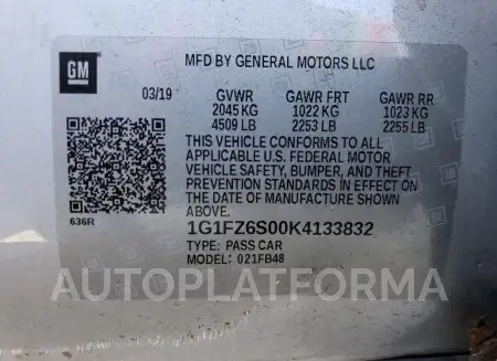 CHEVROLET BOLT EV PR 2019 vin 1G1FZ6S00K4133832 from auto auction Copart