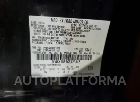 FORD FLEX SE 2016 vin 2FMGK5B81GBA23347 from auto auction Copart